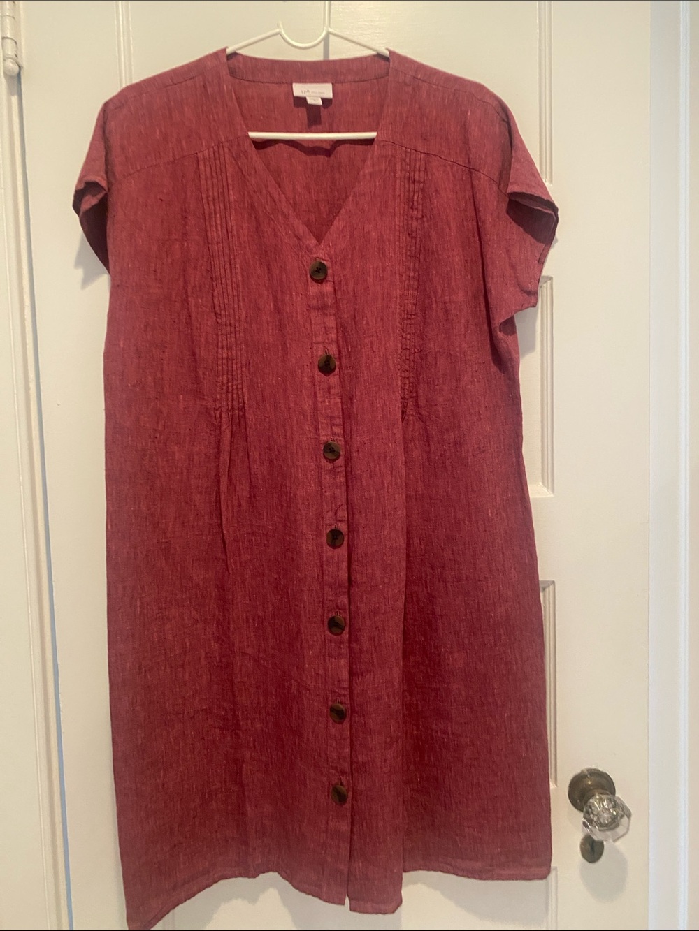 J. Jill Button-Front V-Neck Brick Red Linen Midi Dress
